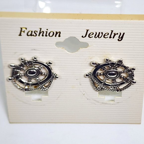 Vintage "MJ" Marie Jennifer Nautical Ship Wheel Rope Silver Pierced Earrings NOS - Picture 4 of 11